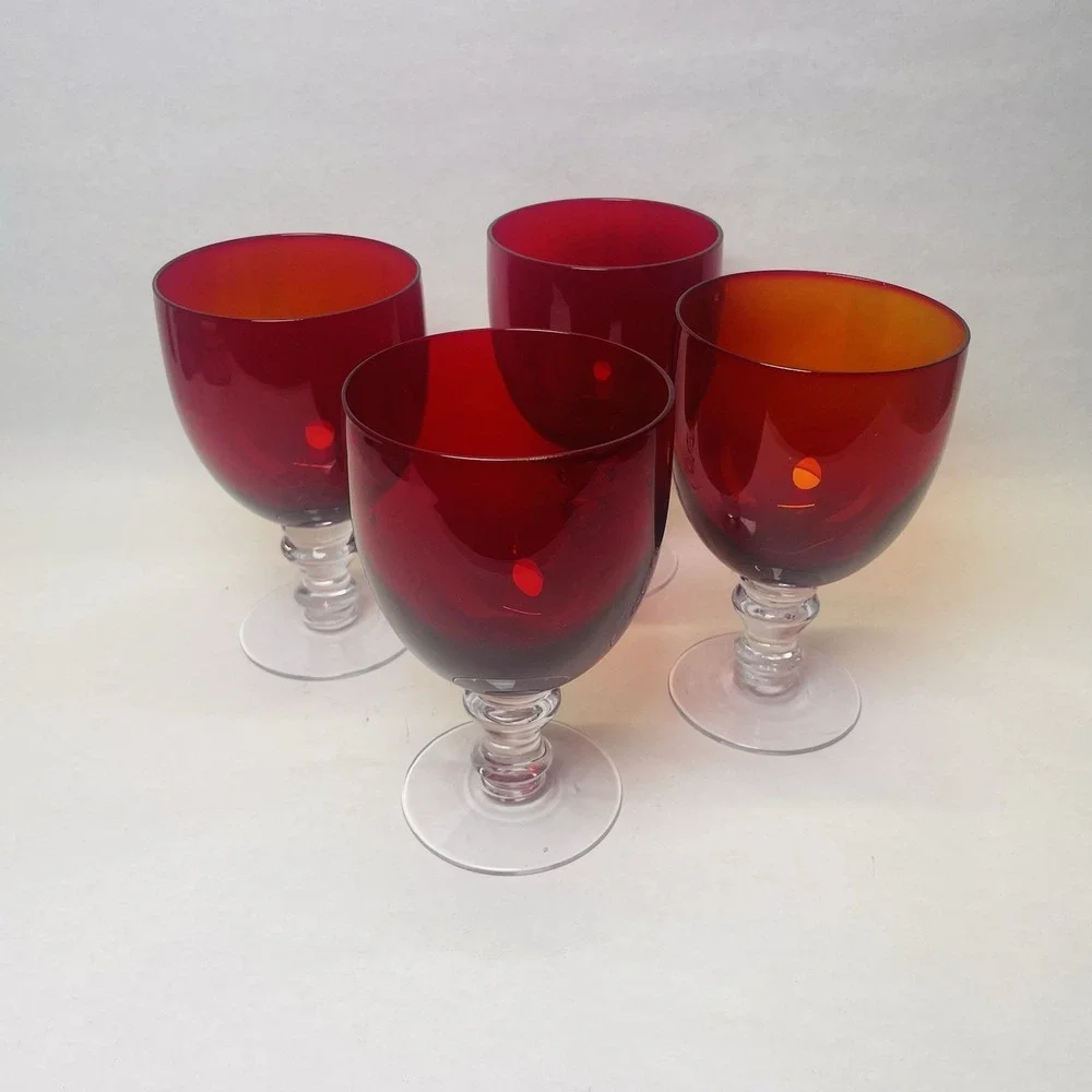 Ruby Red Wine Goblets Clear‎ Stems And Base Drinking Glasses Set of 4 Gothic